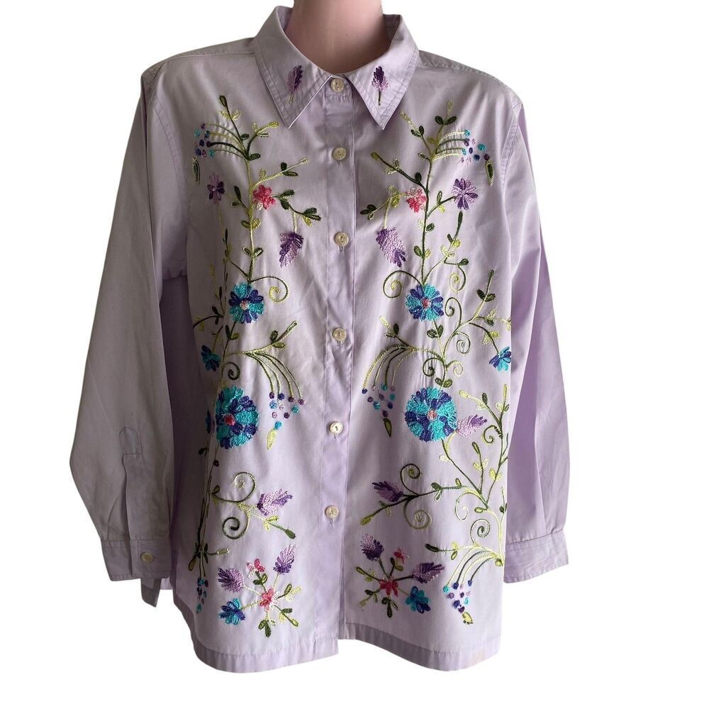 Haband Shirt Womens Medium Lavender Floral Embroidered Button Up Long Sleeve Top